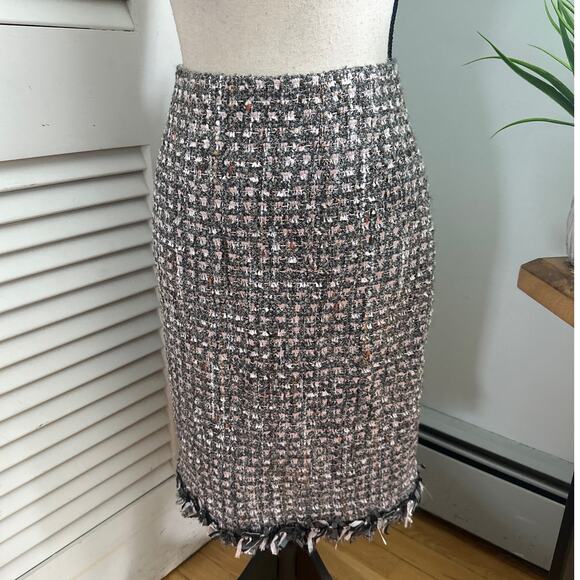 TERI JON Womens Skirt 10 Pink Gray Tweed Fringe Hem Preppy Classic Career - Picture 1 of 9